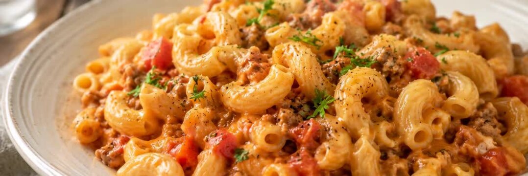 Creamy macaroni pasta with cheese and tomatoes, American comfort food advertising website banner
