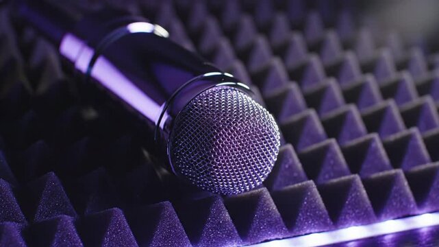 Close up view of a silver microphone with soundproofing foam in a professional recording studio atmosphere