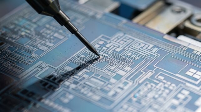 Macro view of microchip circuitry on a silicon wafer showing etched gate patterns and inspection probe