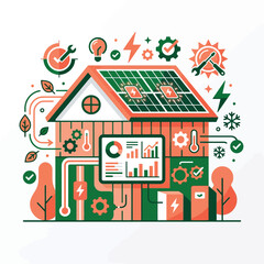 Fototapeta premium Smart Eco-Friendly House with Solar Panels, Energy Monitoring Dashboard, and Sustainable Green Technology Illustration