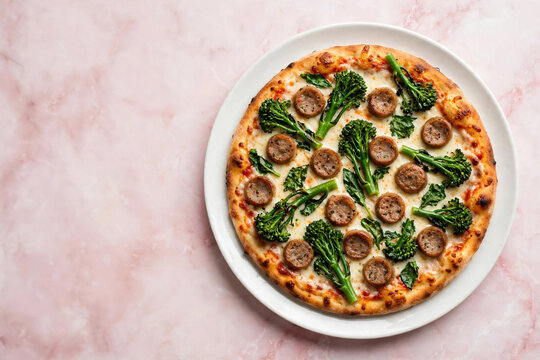 Authentic Italian pizza with sausage and friarielli broccoli rabe on white plate, light pink marble background with soft vignette shading, top view flat lay with empty copy space on left side