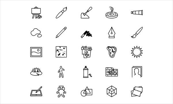 Set outline icons related to types, styles, examples, forms of art. Linear icon collection. Editable stroke. Vector illustration