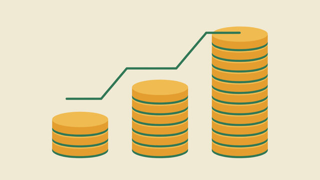 Compounding growth graphic of three rising coin stacks with a stepped green line