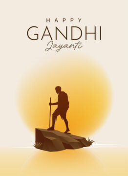 Happy Gandhi Jayanti Poster with Mahatma Gandhi Walking with Cane on Rocky Ground and Glowing Saffron Sun in Modern Vector Illustration