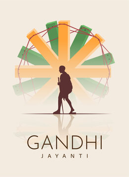 Gandhi Jayanti Poster with Mahatma Gandhi Walking Silhouette and Abstract Indian Tricolor Charkha Wheel in Modern Vector Illustration