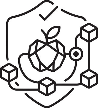 Digital food traceability concept icon with geometric apple and blockchain network blocks