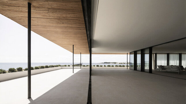 Outdoor lounge area features cantilevered timber roof extending over deep covered loggia supported by minimal slender steel columns facing ocean view
