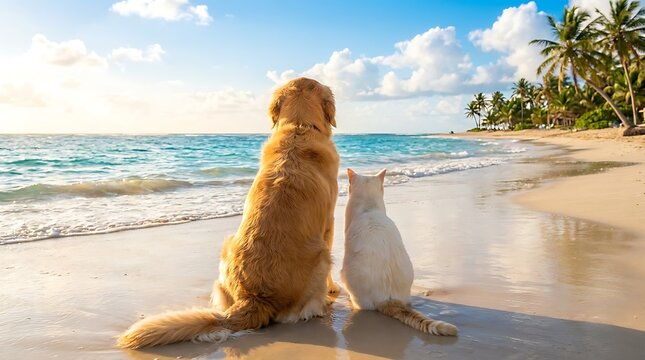 Golden retriever dog and a white cat sitting together on a sandy beach looking at the blue ocean on a sunny day