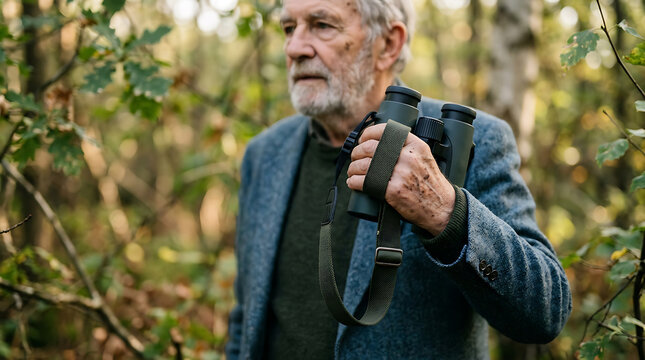Elderly man exploring nature with binoculars in lush forest setting during daytime