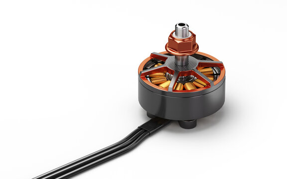 Modern brushless electric motor for FPV drones isolated on white. 3d illustration