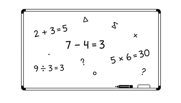 Whiteboard with handwritten basic math equations, numbers, and symbols representing elementary school education.