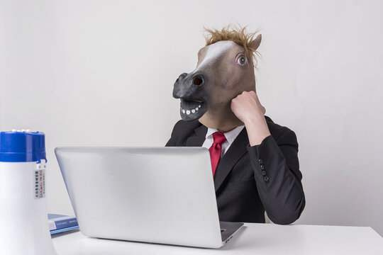 Businessman Wearing Horse Head Mask Working on Laptop at Desk