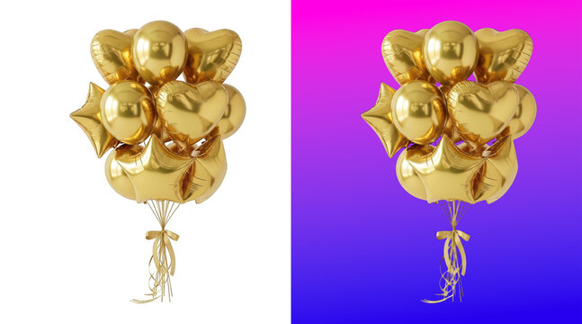 Bunch of shiny gold balloons studio render