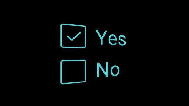 Neon blue checkbox animation with Yes option selected on black background.