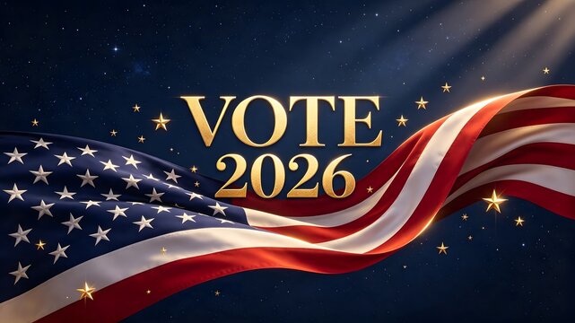 Vote 2026 USA Midterm Election Banner with Gold Lettering Waving American Flag and Sparkling Stars