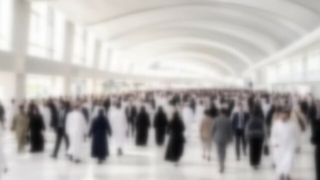Blurred crowd of commuters flowing through a bright metro station concourse in Dubai