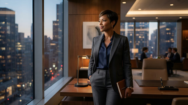 Professional businesswoman in a suit standing in a modern office looking out a window at city lights