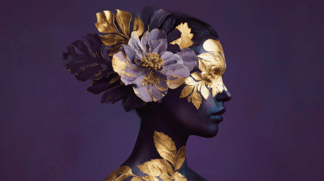 woman silhouette with flower mask and gold foil accents on dark purple background