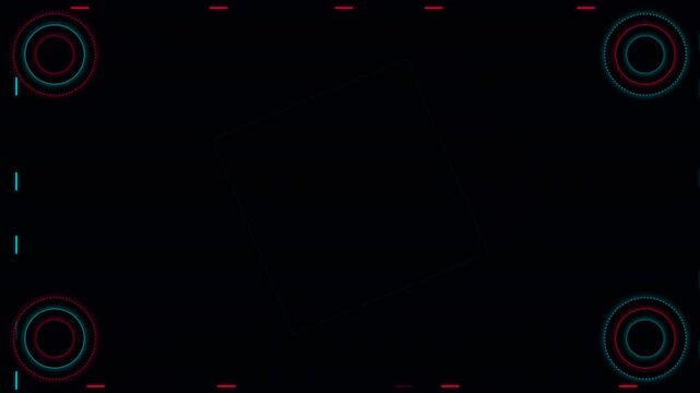 A 4K futuristic HUD-style frame featuring rotating geometric rings, crawling dashed lines, and flickering glitch elements in neon red and blue.