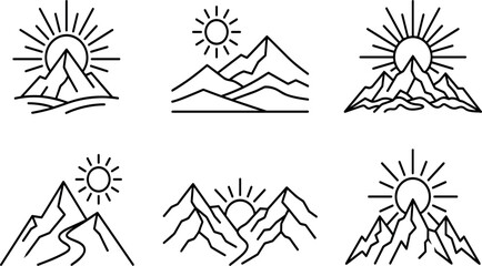 Fototapeta premium Mountain Sunrise Peaks and Hiking Trail Landscape Line Icon Set