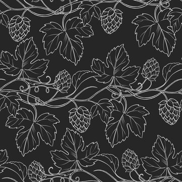 Hand-drawn illustration of a seamless hop vine pattern on dark background