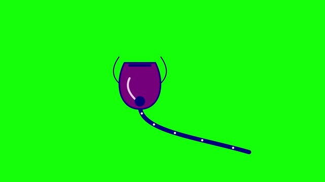 Purple animation icon representing a futuristic technology pod or robot head with a connected blue cable and data points, isolated on a bright green chroma key background for video.