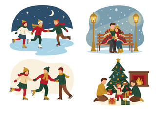 Naklejka premium Winter Activities People Set. Winter activities like ice skating, sitting on a snowy bench, and decorating a Christmas tree.
