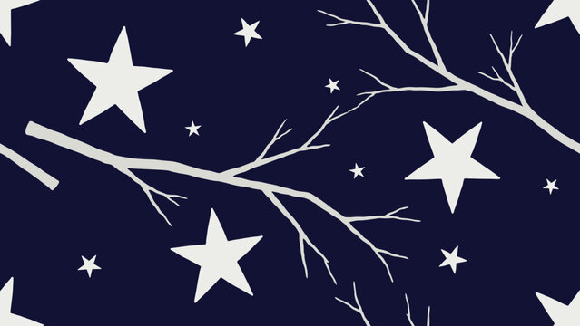 Seamless night sky pattern with chalk white stars and bare winter branches