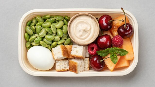 Top-down view of a bento box with edamame, hard-boiled egg, fruit, and dip
