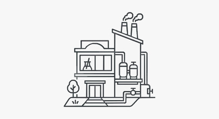 Obraz premium Industrial building with factory chimneys and utility infrastructure line art