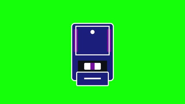 Stylized blue ATM cash machine animation icon with money tray and purple accents isolated on green screen background for video production and digital motion graphics.