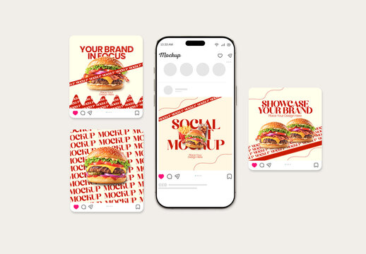 Burger Fast Food Social Media Post Mockup Set with Smartphone Screen
