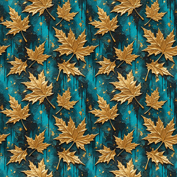 Seamless autumn pattern of metallic gold maple leaves on a distressed teal and black grunge background with paint drips, ideal for fall wallpaper, fabric, wrapping paper, packaging and seasonal d&eacute;cor.