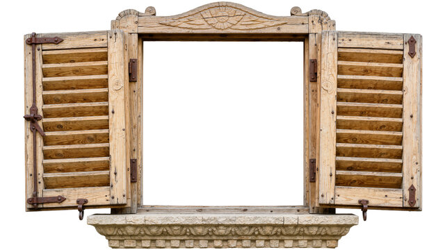 Rustic wooden window frame with open shutters and stone sill, isolated on transparent background