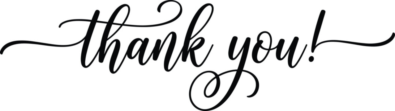 Thank you written cursive calligraphy script phrase with  thank you message decorative swashes isolated on a simple plain white background. Thank you text (Generative AI)