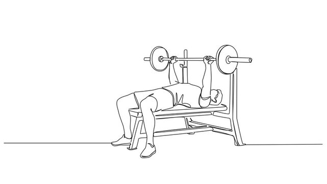 animated continuous line drawing of a man doing bench press exercise with heavy barbell in gym, bodybuilding and fitness concept line art animation