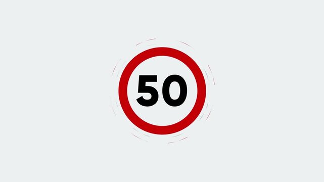 Animated 50 km/h speed limit road sign motion graphic icon, red circular warning traffic symbol isolated on light gray background, transportation and driving safety speed limit sign animation