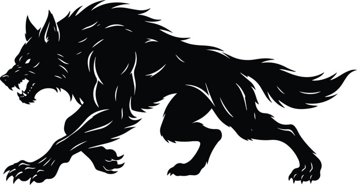 Black silhouette of aggressive werewolf monster charging forward with sharp claws and bared teeth vector graphic design illustration
