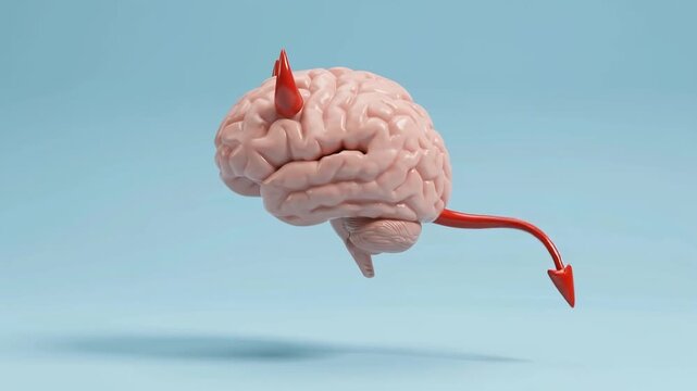 3D floating human brain with devil horns and tail on blue background
