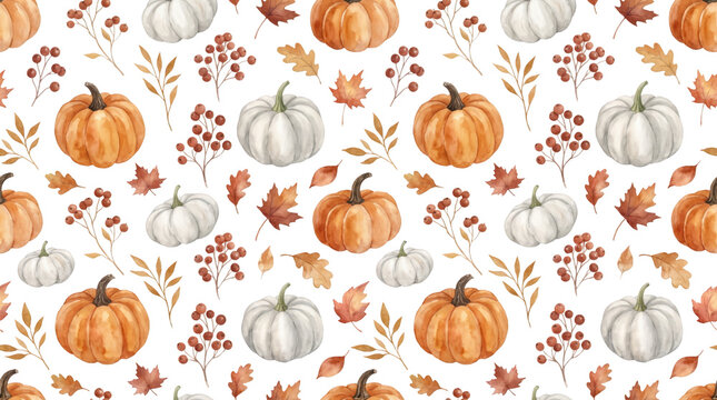 Seamless pattern featuring watercolor orange and white pumpkins autumn leaves and berry branches arranged in a repeating autumnal harvest decorative composition leaf fall