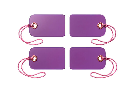 Four purple fabric gift tags with red string hanging against white background for packaging design