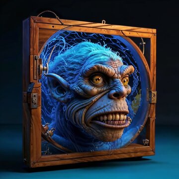 Menacing Blue Monster Head in Wooden Frame 3D Illustration.