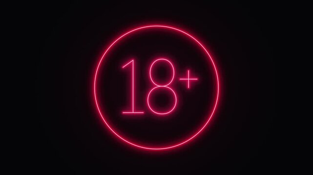 Red neon '18+' text inside a glowing circular frame displayed on a dark background. High-quality footage suitable for indicating adult content or age restrictions.