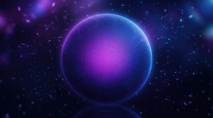 Obraz premium Abstract digital sphere with glowing dots and light particles floating in a dark blue and purple space background