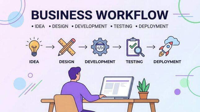 A professional business workflow infographic showing a person working at a desk with icons representing development and project management