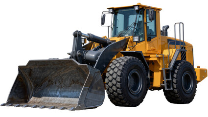 Heavy yellow wheel loader with large bucket, isolated on transparent background © Lilia