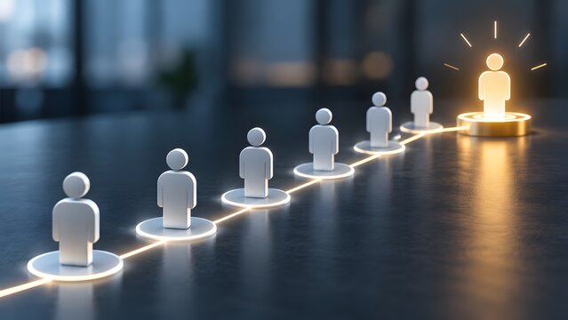 Line of figures connected by a glowing path leading to a bright golden leader figure representing career promotion and top talent