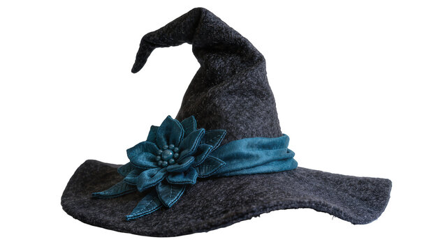 Dark gray felt witch hat with teal ribbon and flower decoration, isolated on transparent background