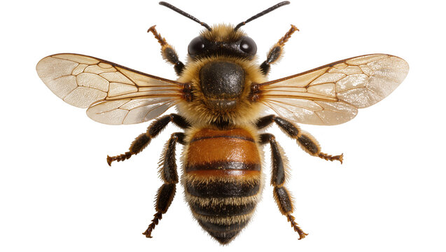 Detailed honey bee with striped abdomen and translucent wings, isolated on transparent background