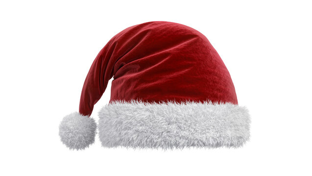 Red velvet Santa hat with white fur trim and pompom, isolated on transparent background